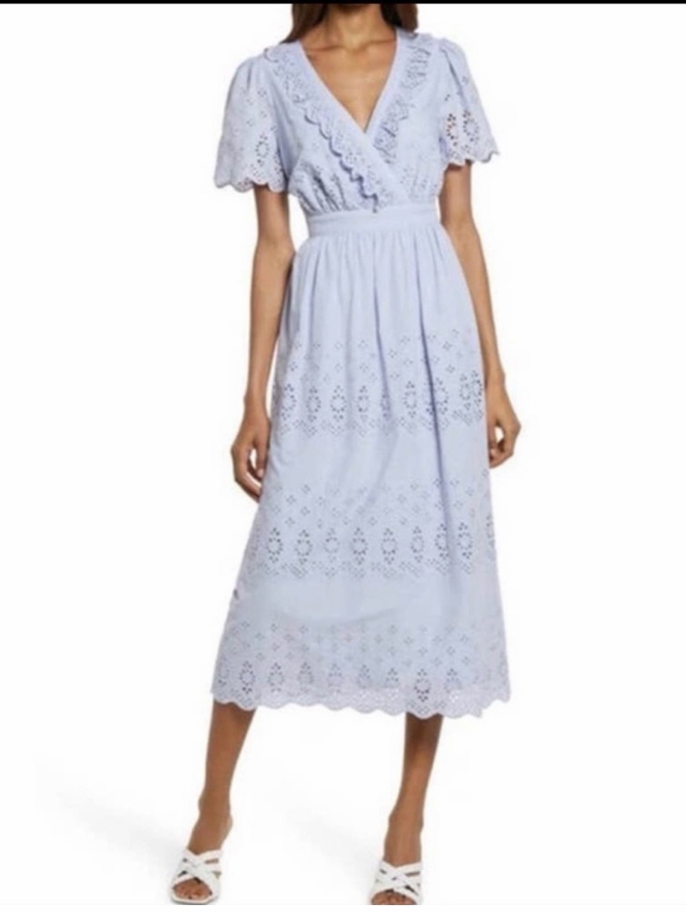 Scalloped Eyelet Wrap Midi Dress in Pale Blue